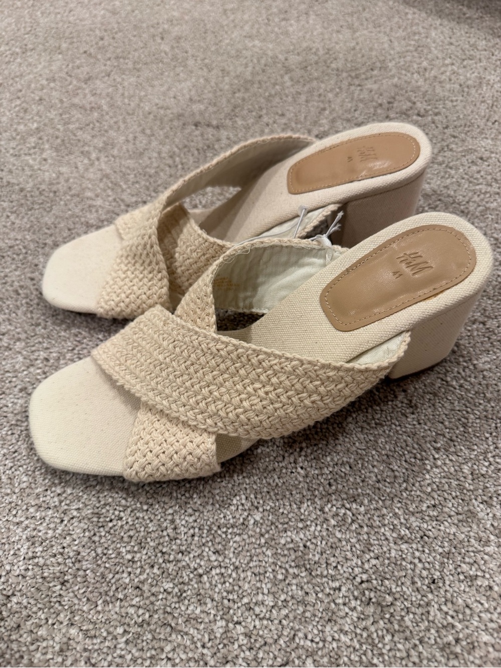 H&M Woven Cross-Strap Block Heel Mules - Beige